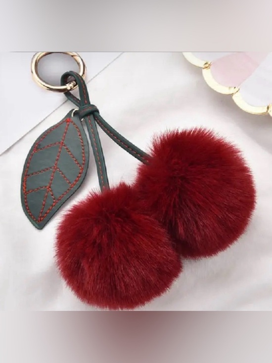 Accessories - Plush Pom Pom Keychain with Leaf Accent - Deep Red